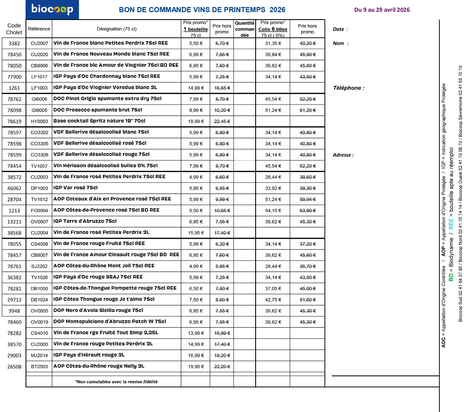 Bon de commande fête des vins printemps 2026
