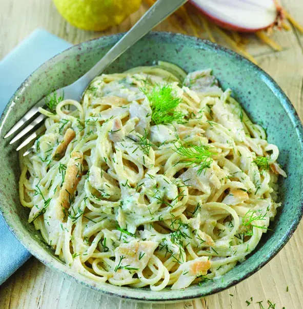 Spaghettis demi-complets à la truite fumée